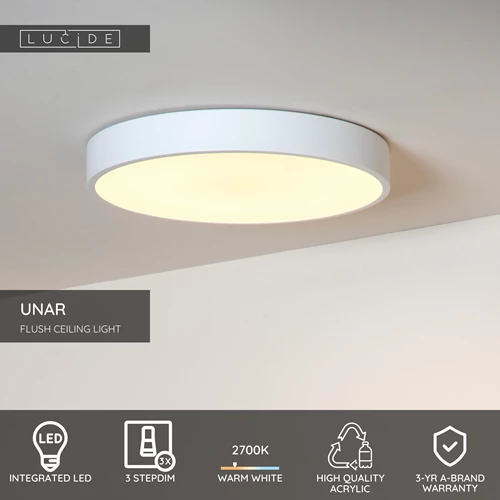 Lucide UNAR - Flush ceiling light - Ø 39,5 cm- LED 3 StepDim - 1x24W 2700K - White - USP